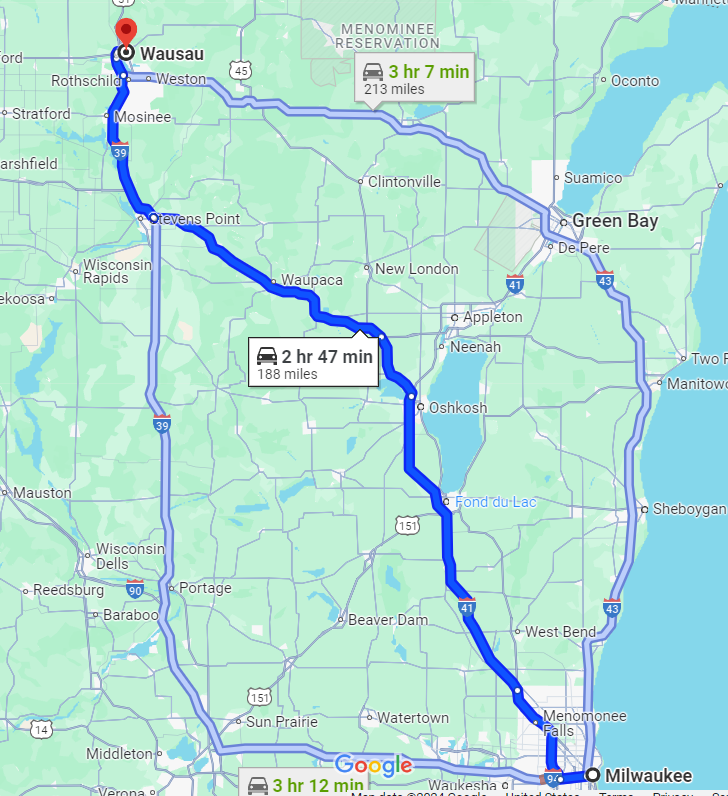 Milwaukee, Wisconsin to Wausau. Wisconsin
